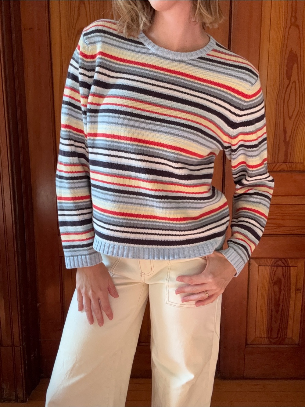 Striped Crewneck Sweater in Light Blue, Navy, Red, Black
